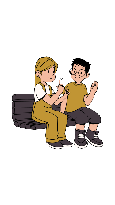 Un dibujo de una chica y un chico hablando en un banco usando el lenguaje de signos.